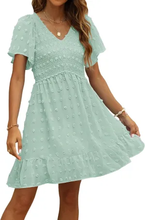 TECREW Womens Smocked Short Sleeve V Neck Mini Dress Summer Swiss Dot Flowy Short Dress