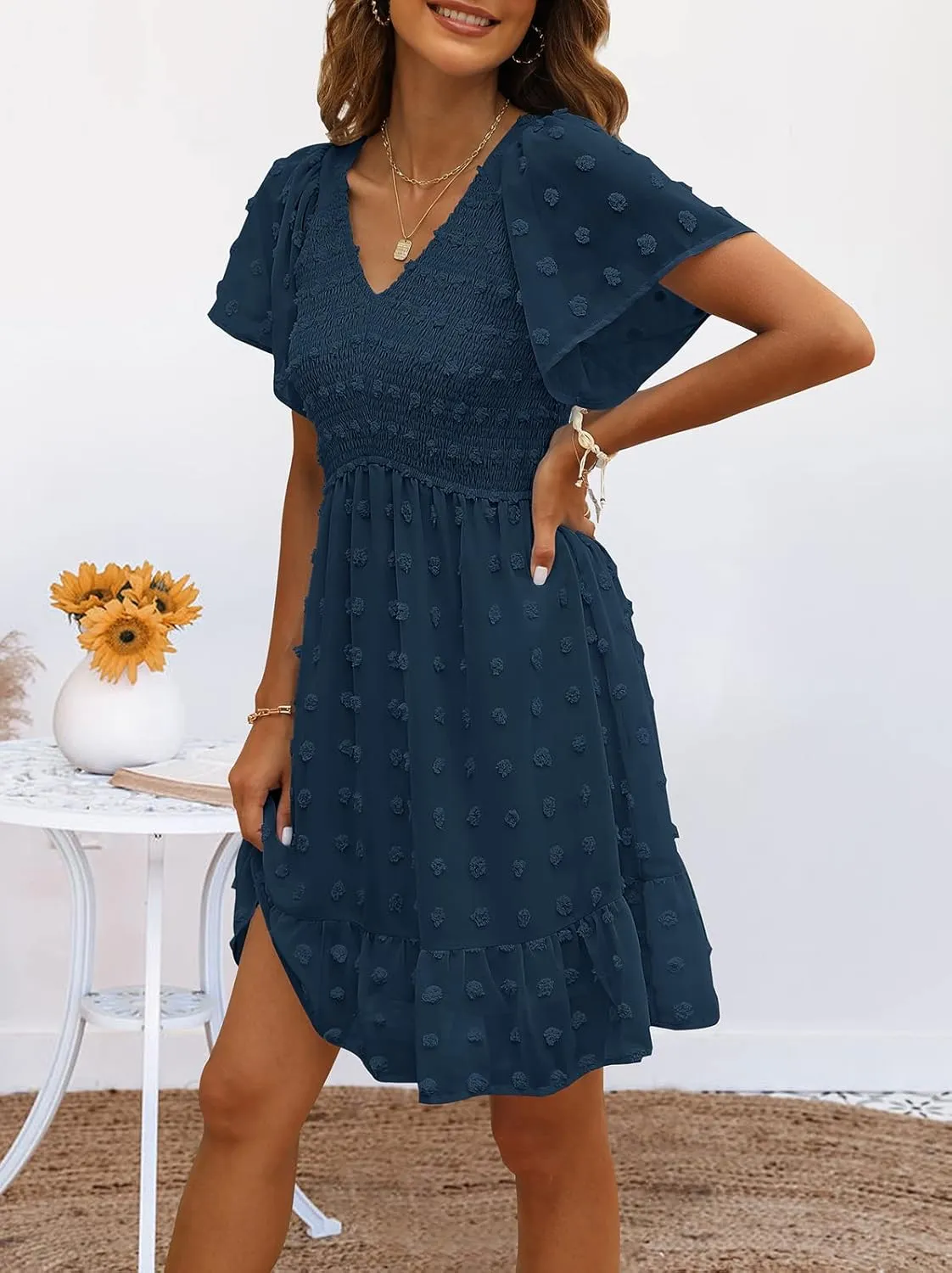 TECREW Womens Smocked Short Sleeve V Neck Mini Dress Summer Swiss Dot Flowy Short Dress