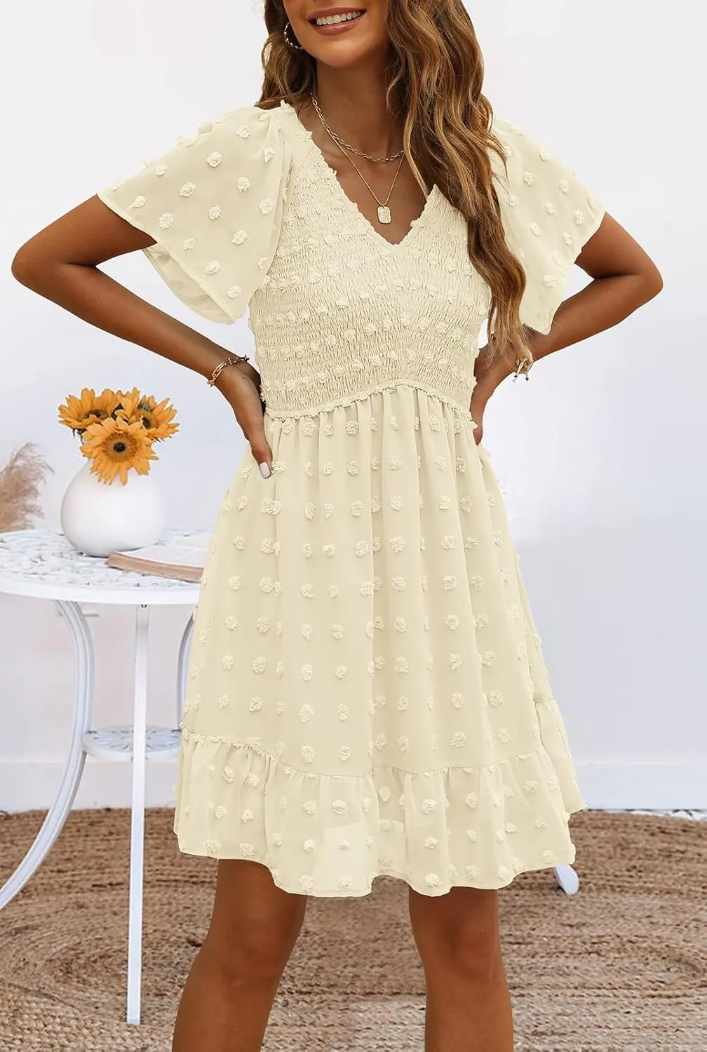 TECREW Womens Smocked Short Sleeve V Neck Mini Dress Summer Swiss Dot Flowy Short Dress
