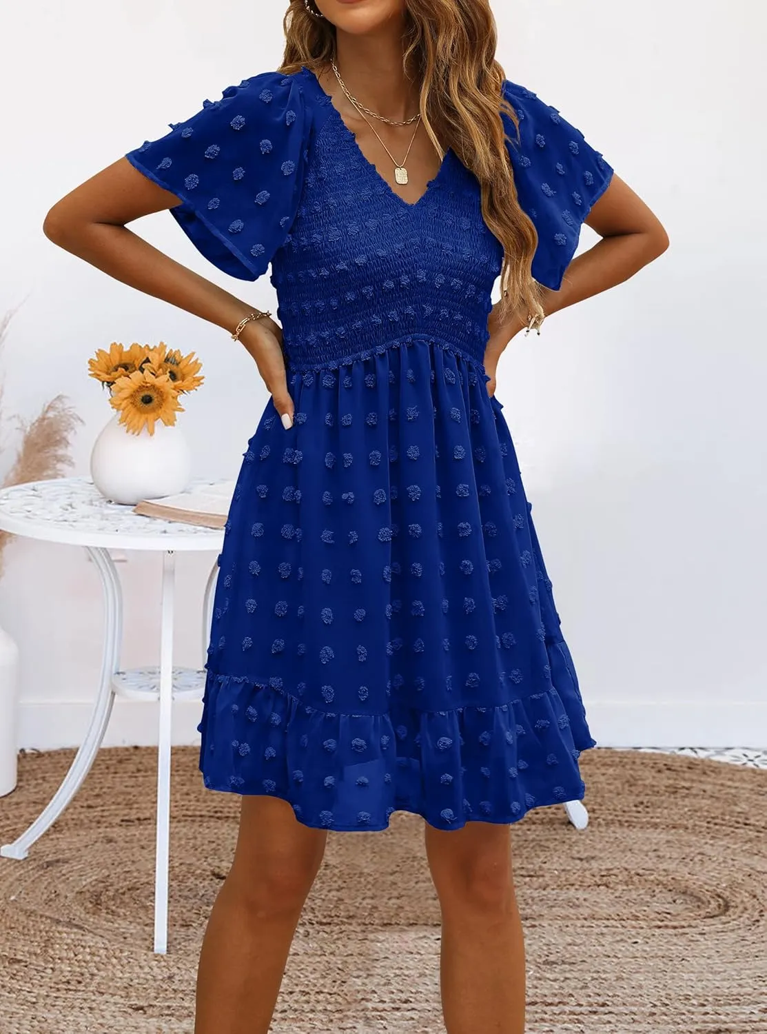 TECREW Womens Smocked Short Sleeve V Neck Mini Dress Summer Swiss Dot Flowy Short Dress