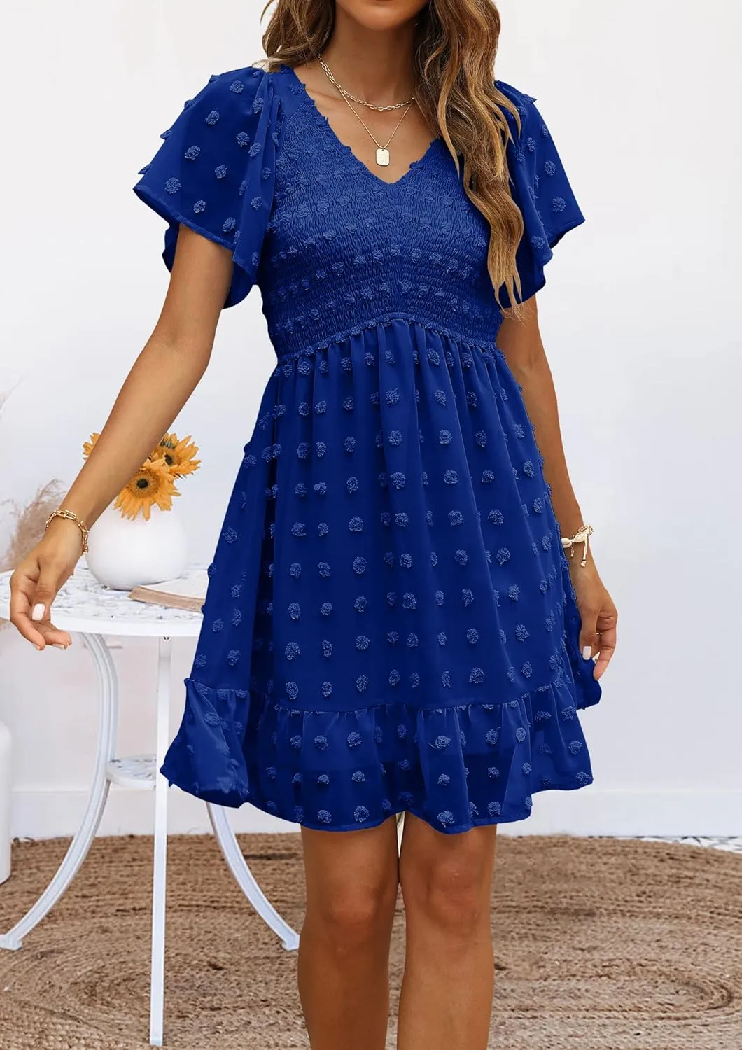 TECREW Womens Smocked Short Sleeve V Neck Mini Dress Summer Swiss Dot Flowy Short Dress