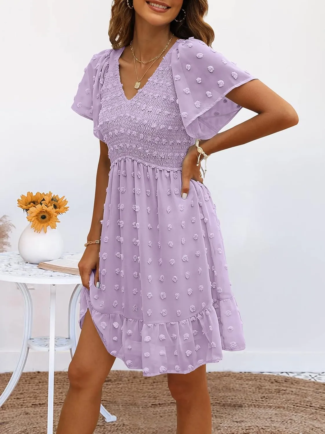 TECREW Womens Smocked Short Sleeve V Neck Mini Dress Summer Swiss Dot Flowy Short Dress