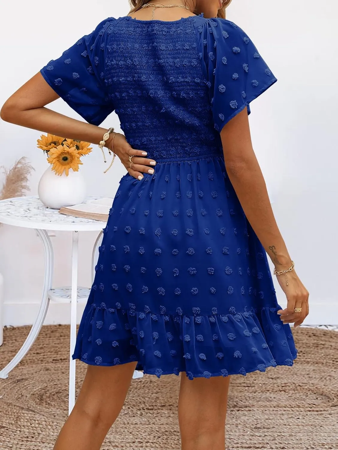 TECREW Womens Smocked Short Sleeve V Neck Mini Dress Summer Swiss Dot Flowy Short Dress