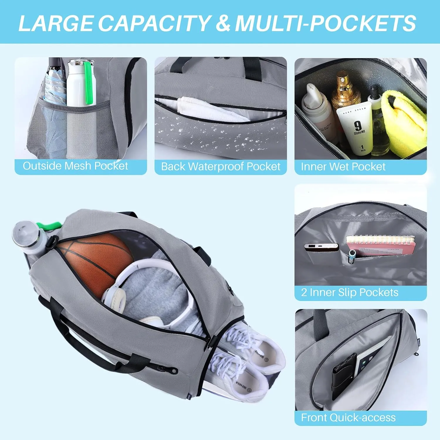 Travel Duffel Bag for Men Women Sports Tote Gym Bag Shoulder Weekender Overnight Bag with Wet Pocket & Shoe Compartment, Silver Grey