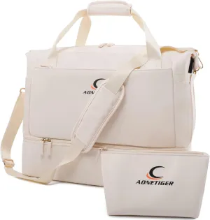 Travel Duffel Bags for Women, Weekender Overnight Bag with Shoe Compartment and USB Charging Port for Women, Beige
