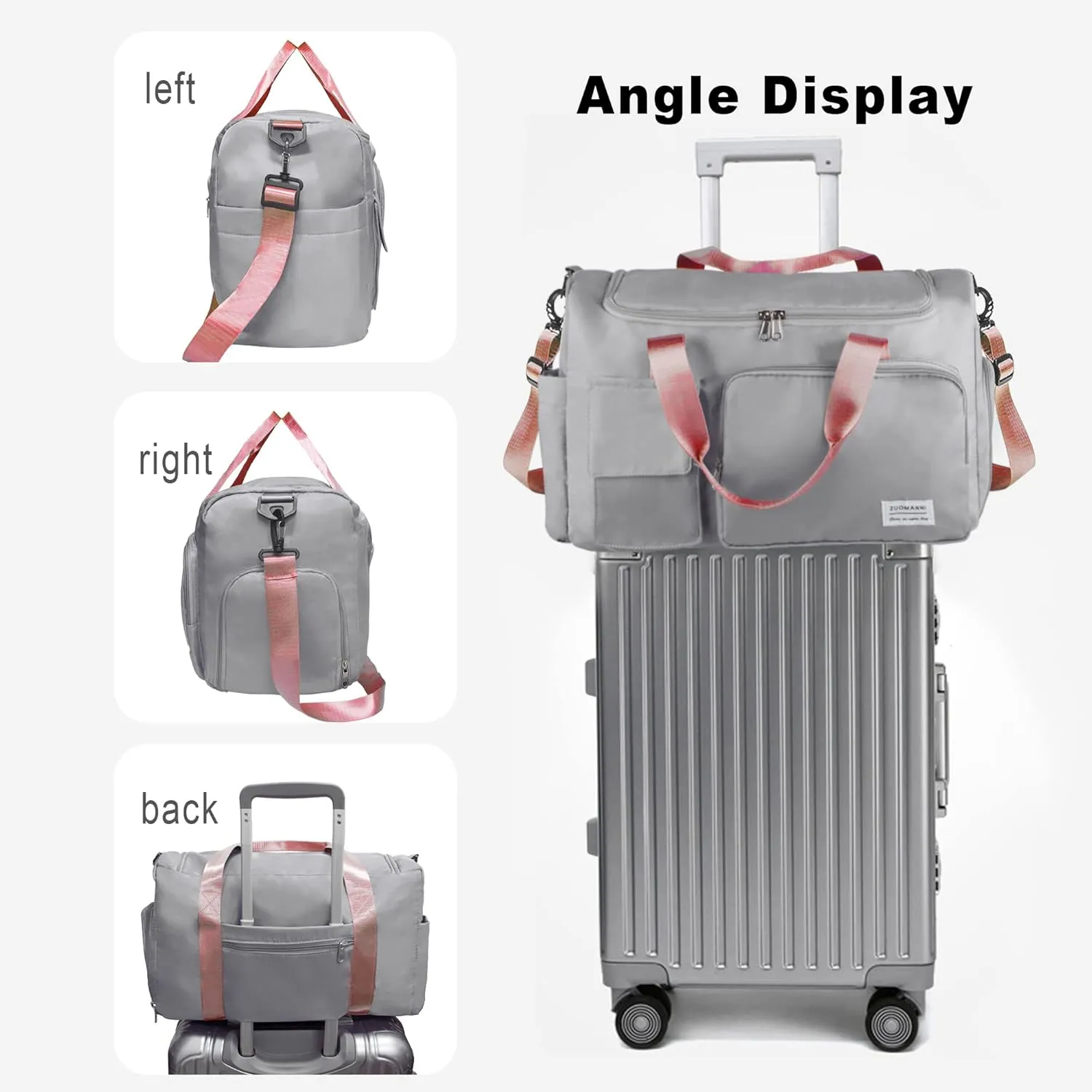 Travel Duffel, Large Weekender Overnight Bag with Shoes Compartment, Personal Tote Bag for Women or Men, Waterproof Carry-on Bag with Clear Cosmetic, 3Pcs Set (Grey Pink)