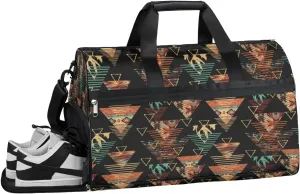 Tribal Ethnic Geometric Sports Gym Bag for Women and Men Travel Duffel Bag Boho Overnight Shoulder Bag Waterproof Workout Bag Portable Sports Tote with Shoes Compartment