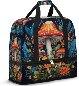 Tropical Mushrooms Travel Duffel Bag for Women Men, Abstract Plants Sports Gym Bag with Shoes Compartment Foldable Overnight Bag Weekender Tote Workout Carry On Luggage Bag