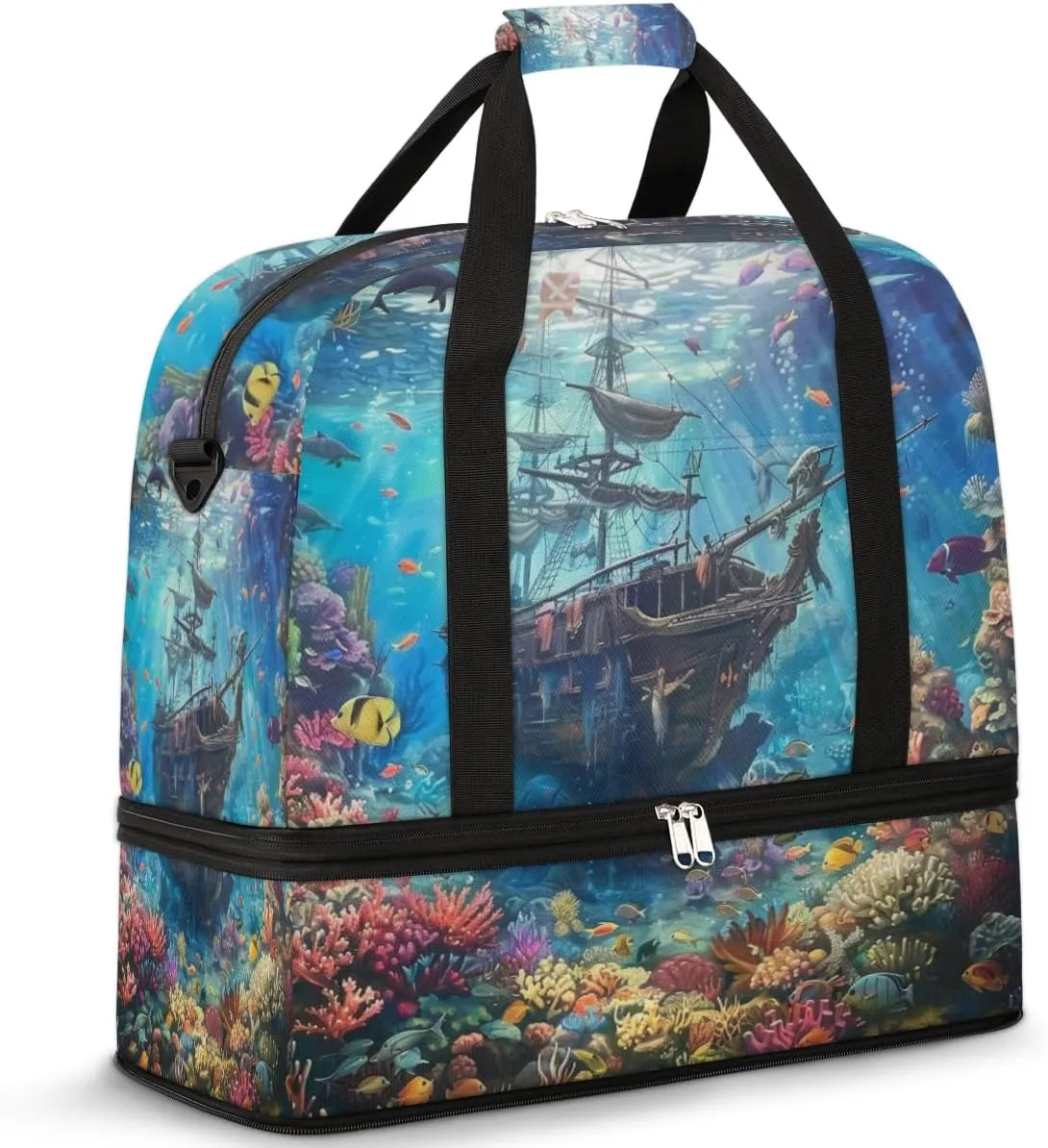 Tropical Ocean Fish Travel Duffel Bag for Women Men, Boat Nautical Sports Gym Bag with Shoes Compartment Foldable Overnight Bag Weekender Tote Workout Carry On Luggage Bag