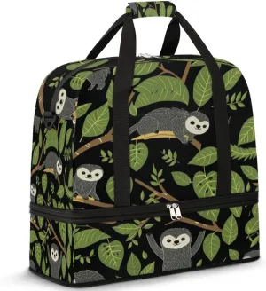 Tropical Sloth Travel Duffel Bag for Women Men, Sports Gym Bag with Shoes Compartment Sloth Palm Tree Foldable Overnight Bag Weekender Tote Workout Carry On Luggage Bag