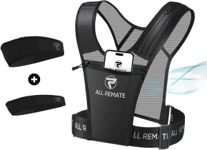 Unisex Reflective Running Vest 2 Head Bands set with 5 Pockets for Phones, Water bottles, Ear Bud Case, Keys, etc. Ventilative Adjustable Jogging Gear
