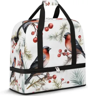 Watercolor Birds Travel Duffel Bag for Women Men, Winter Berry Sports Gym Bag with Shoes Compartment Foldable Overnight Bag Weekender Tote Workout Carry On Luggage Bag