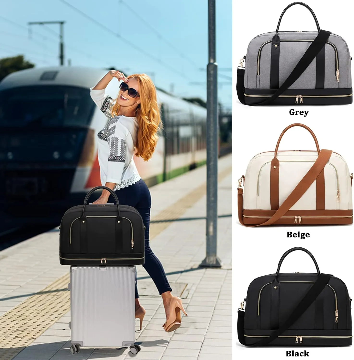 Weekend Overnight Bag for Women Ladies Travel bag Leather Mens Duffle Tote Bag Carry On Luggage, 02 Canvas Beige, Carry on Travel Bag