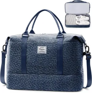 Weekender Bags for Women,Personal Item Travel Bag with Shoes Compartment&Laptop Pocket,Overnight Travel Duffel Bag with Wet Pocket,Denim-Dark Blue, Pink, Travel Weekender Bag