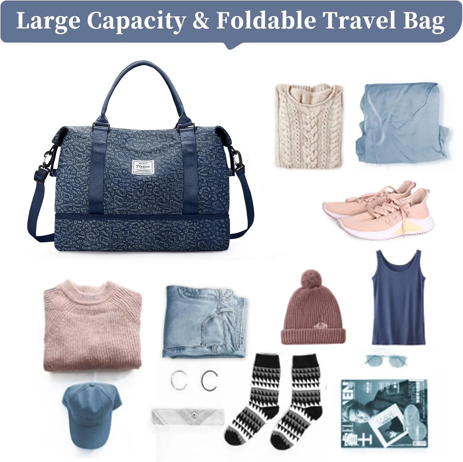Weekender Bags for Women,Personal Item Travel Bag with Shoes Compartment&Laptop Pocket,Overnight Travel Duffel Bag with Wet Pocket,Denim-Dark Blue, Pink, Travel Weekender Bag