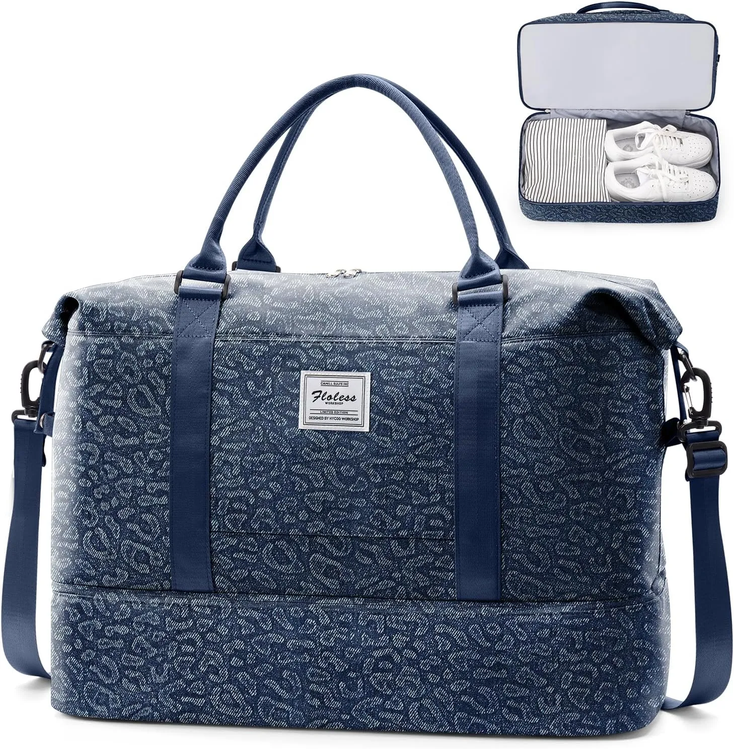 Weekender Bags for Women,Personal Item Travel Bag with Shoes Compartment&Laptop Pocket,Overnight Travel Duffel Bag with Wet Pocket,Denim-Dark Blue, Pink, Travel Weekender Bag