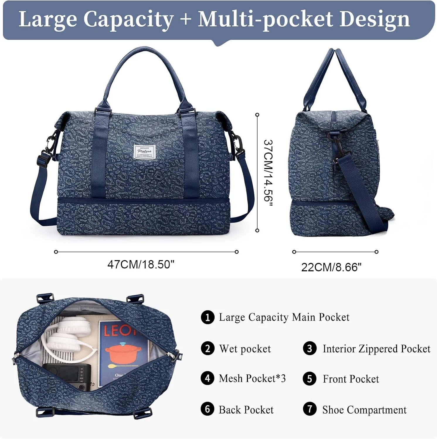 Weekender Bags for Women,Personal Item Travel Bag with Shoes Compartment&Laptop Pocket,Overnight Travel Duffel Bag with Wet Pocket,Denim-Dark Blue, Pink, Travel Weekender Bag