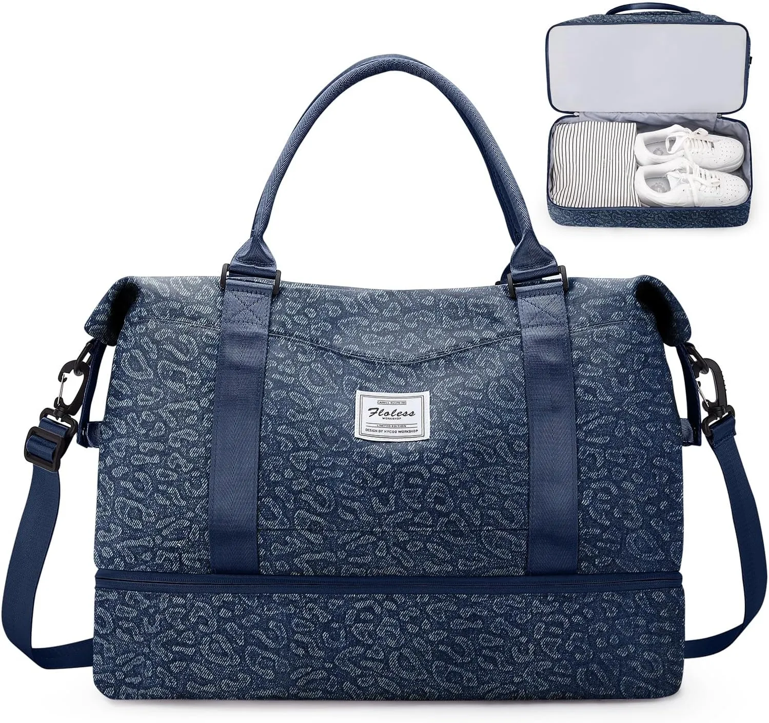 Weekender Bags for Women,Personal Item Travel Bag with Shoes Compartment&Laptop Pocket,Overnight Travel Duffel Bag with Wet Pocket,Denim-Dark Blue, Pink, Travel Weekender Bag
