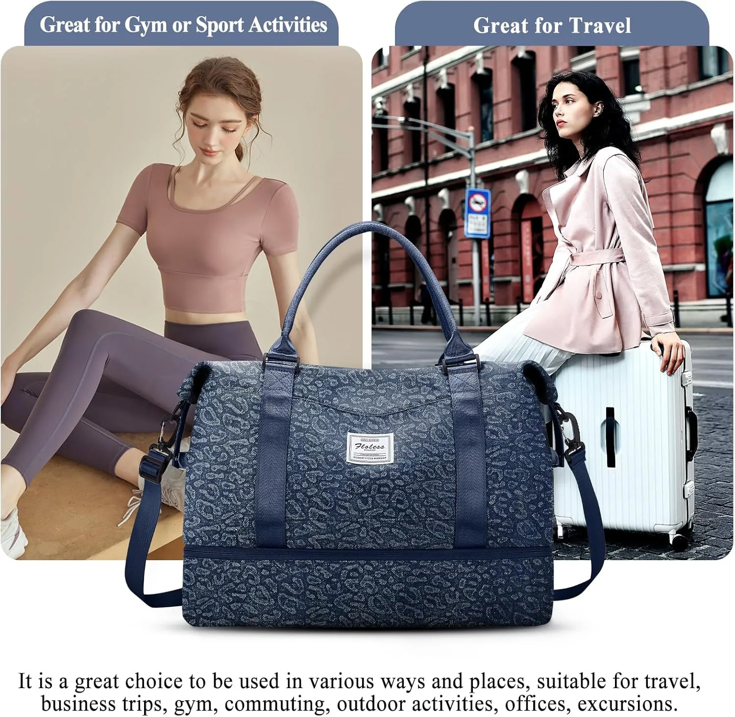 Weekender Bags for Women,Personal Item Travel Bag with Shoes Compartment&Laptop Pocket,Overnight Travel Duffel Bag with Wet Pocket,Denim-Dark Blue, Pink, Travel Weekender Bag