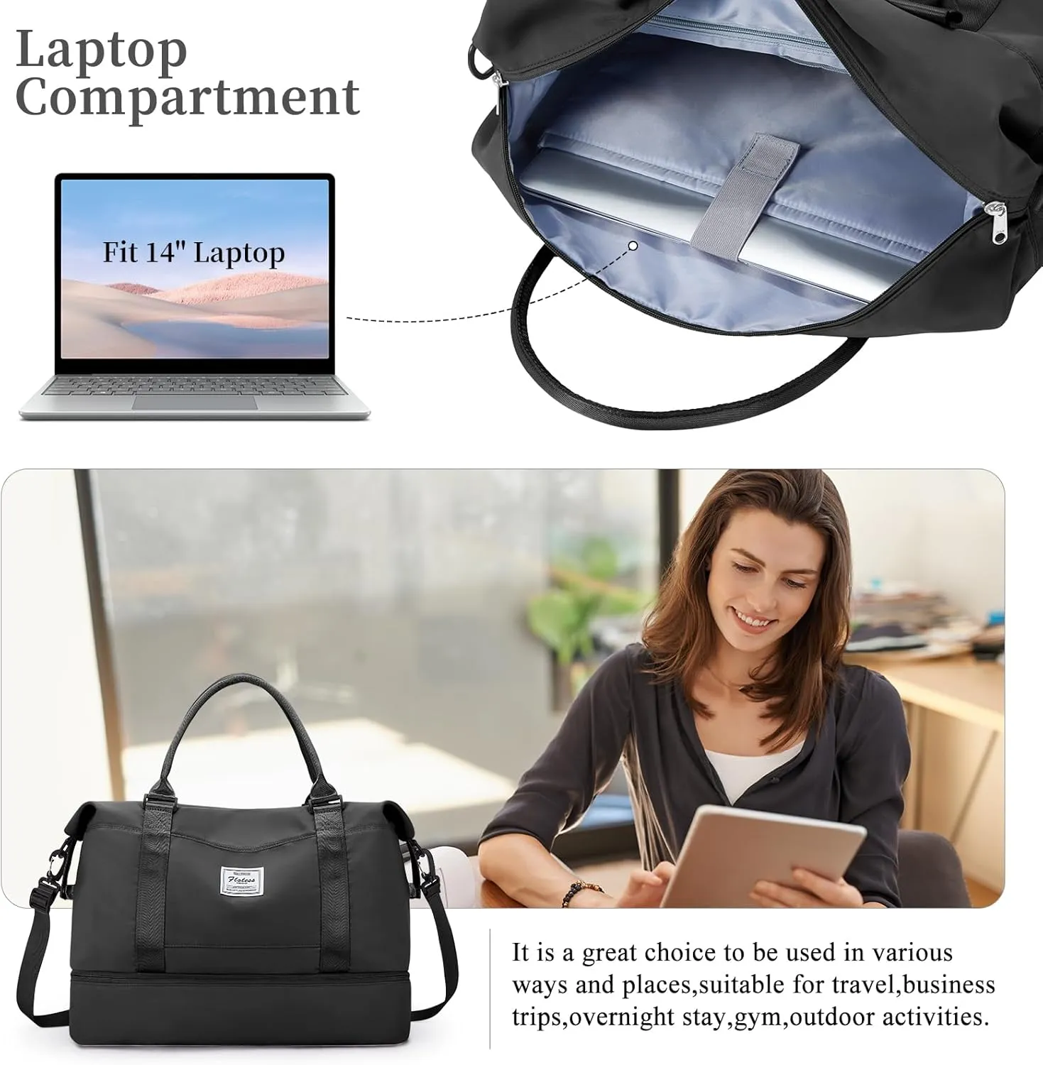 Weekender Bags for Women,Personal Item Travel Bag with Shoes Compartment&Laptop Pocket,Overnight Travel Duffel Bag with Wet Pocket,Gym Bag, Black, Travel Weekender Bag