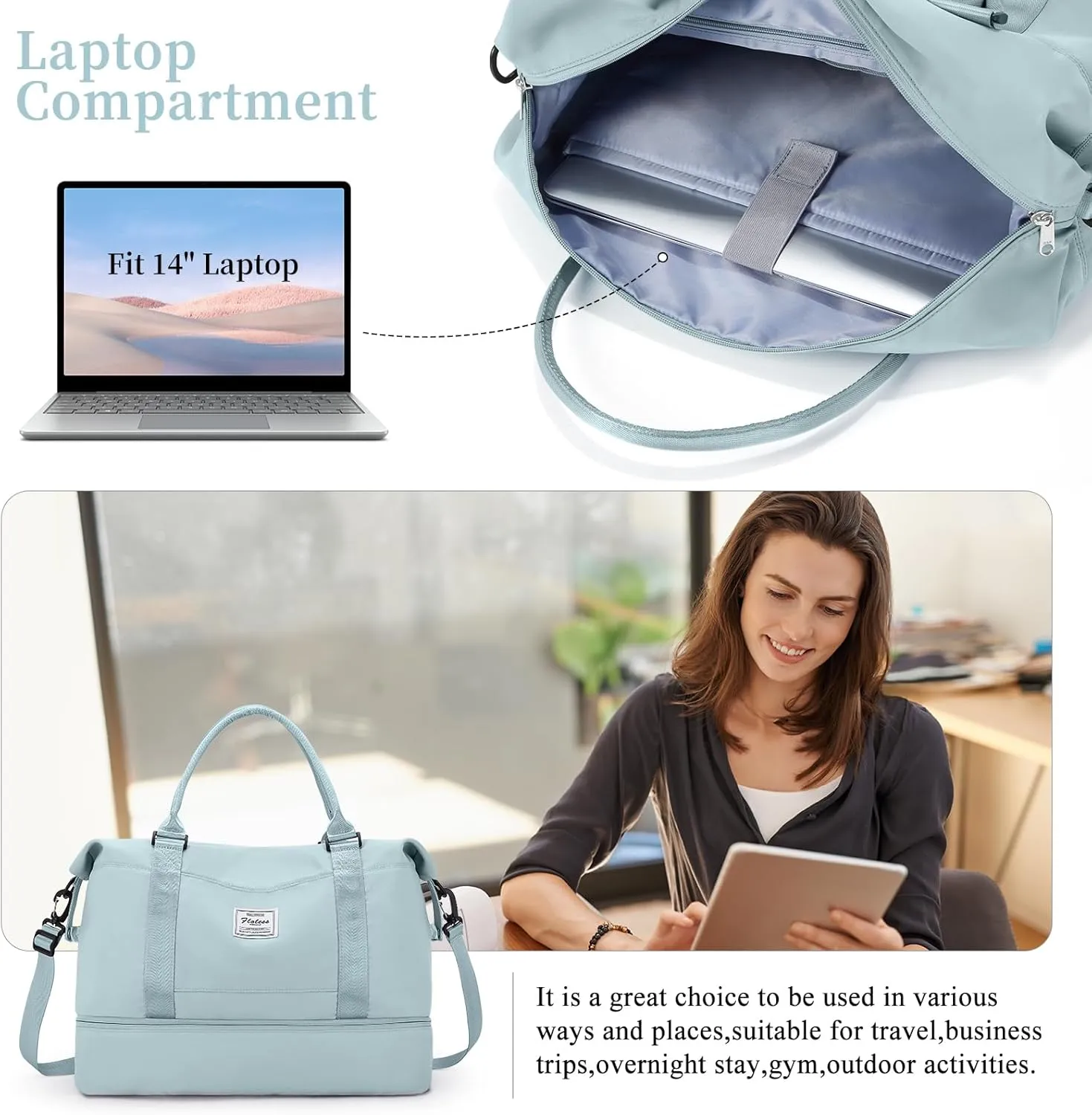 Weekender Bags for Women,Personal Item Travel Bag with Shoes Compartment&Laptop Pocket,Overnight Travel Duffel Bag with Wet Pocket,Gym Bag, Light Blue, Travel Weekender Bag