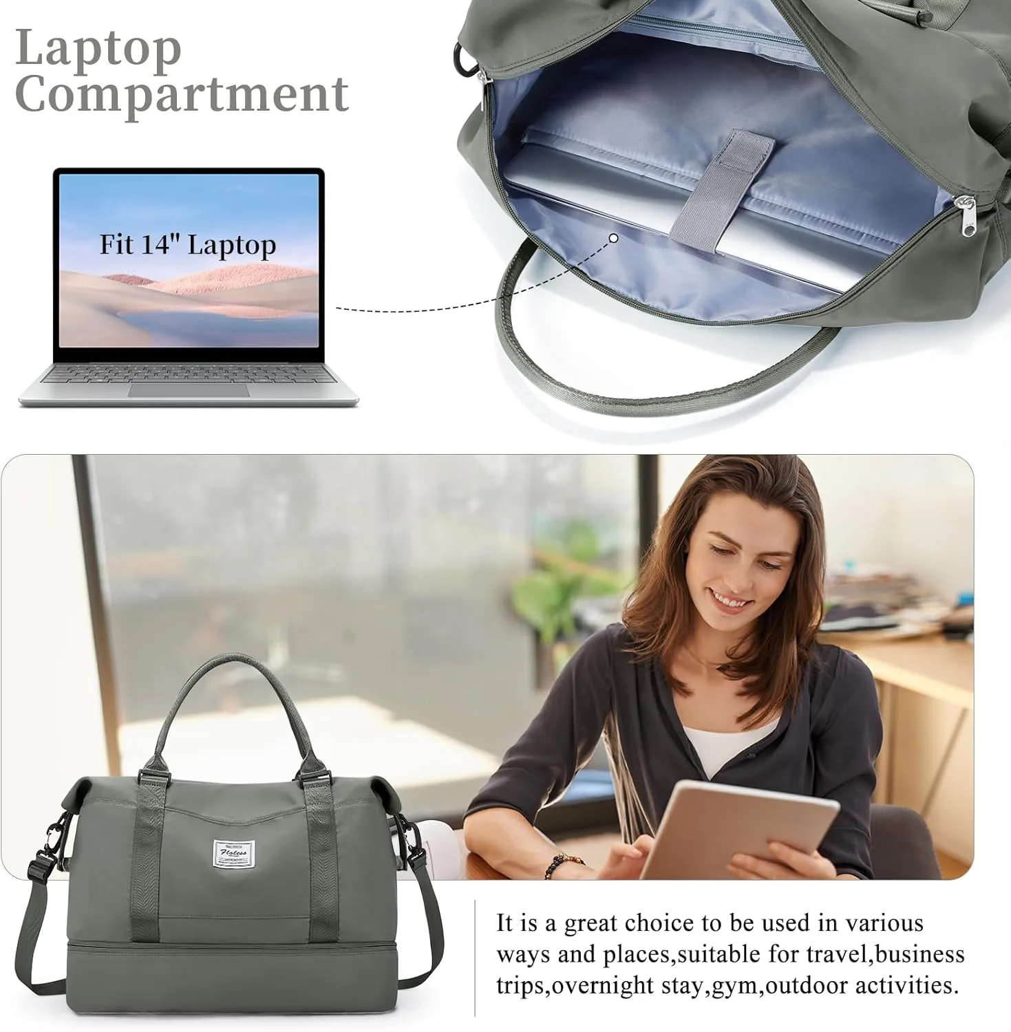 Weekender Bags for Women,Personal Item Travel Bag with Shoes Compartment&Laptop Pocket,Overnight Travel Duffel Bag with Wet Pocket,Gym Bag, Olive Green, Travel Weekender Bag