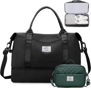Weekender Bags for Women,Personal Item Travel Bag with Shoes Compartment,Overnight Travel Duffel Bag with Dark Green Toiletry Bag, A-Black with Dark Green Toiletry Bag