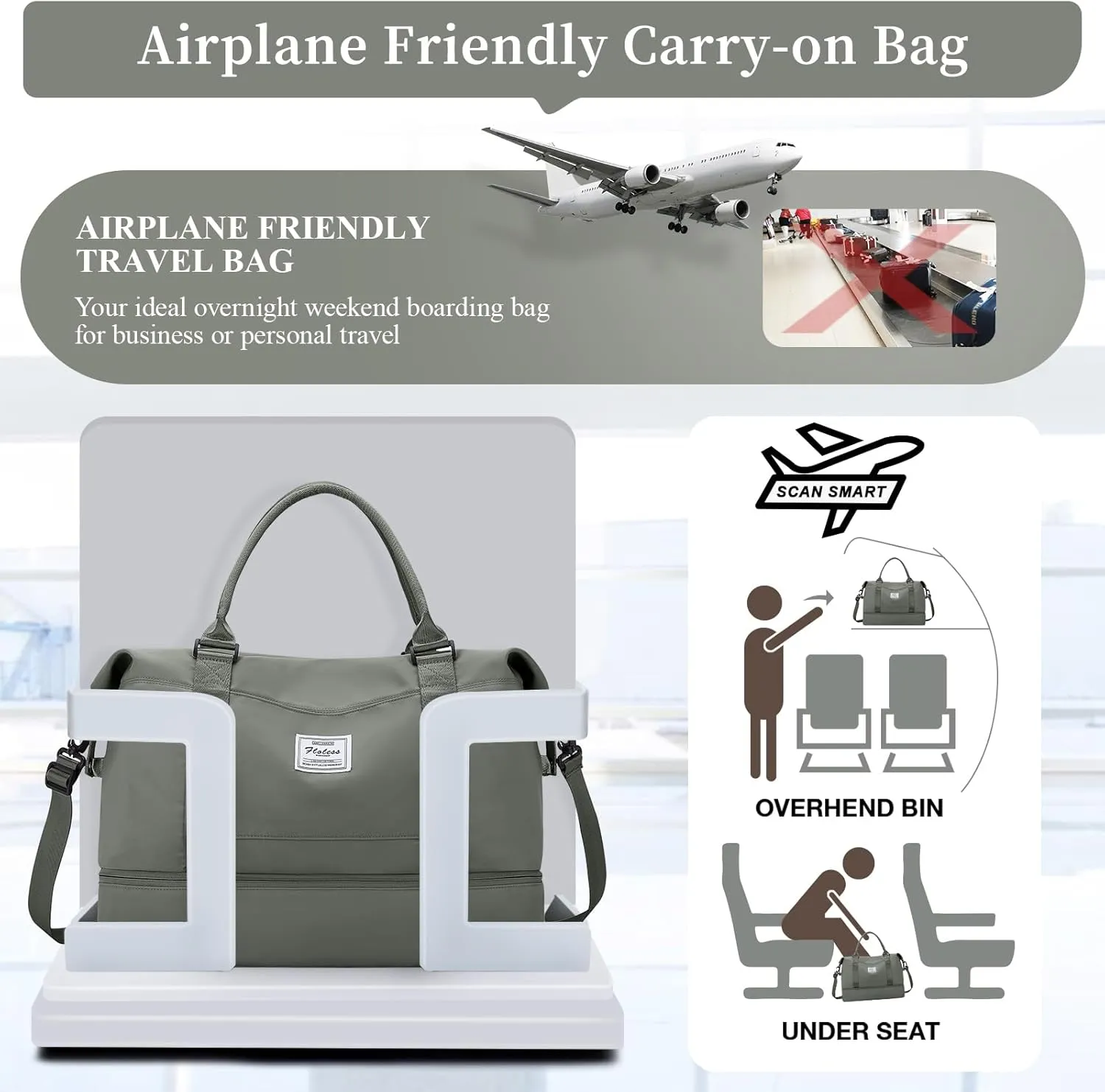 Weekender Bags for Women,Personal Item Travel Bag with Shoes Compartment,Overnight Travel Duffel Bag with Toiletry Bag, Olive Green, Large, Set(travel Bag toiletry Bag)