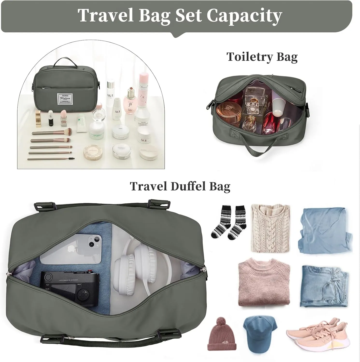 Weekender Bags for Women,Personal Item Travel Bag with Shoes Compartment,Overnight Travel Duffel Bag with Toiletry Bag, Olive Green, Large, Set(travel Bag toiletry Bag)
