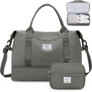 Weekender Bags for Women,Personal Item Travel Bag with Shoes Compartment,Overnight Travel Duffel Bag with Toiletry Bag, Olive Green, Large, Set(travel Bag toiletry Bag)