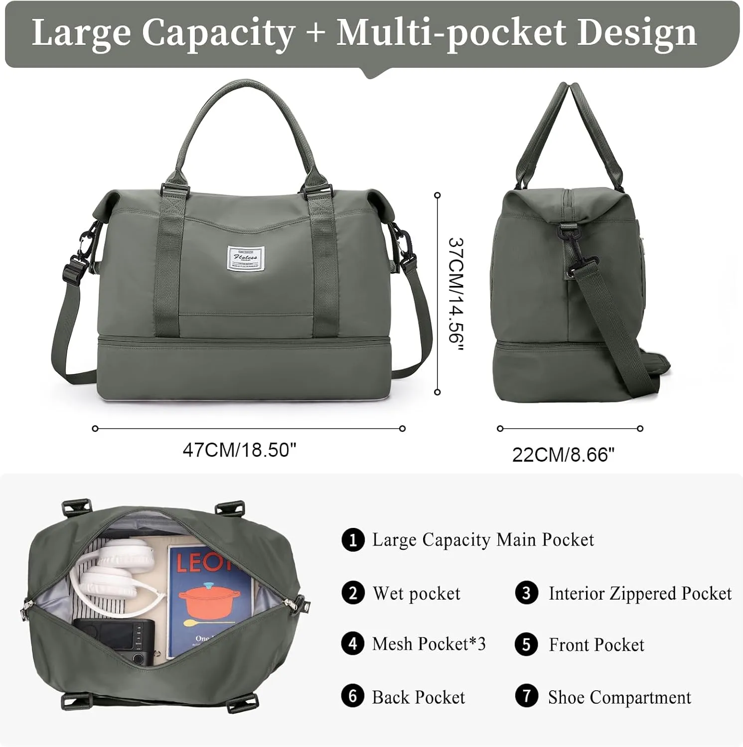 Weekender Bags for Women,Personal Item Travel Bag with Shoes Compartment,Overnight Travel Duffel Bag with Toiletry Bag, Olive Green, Large, Set(travel Bag toiletry Bag)