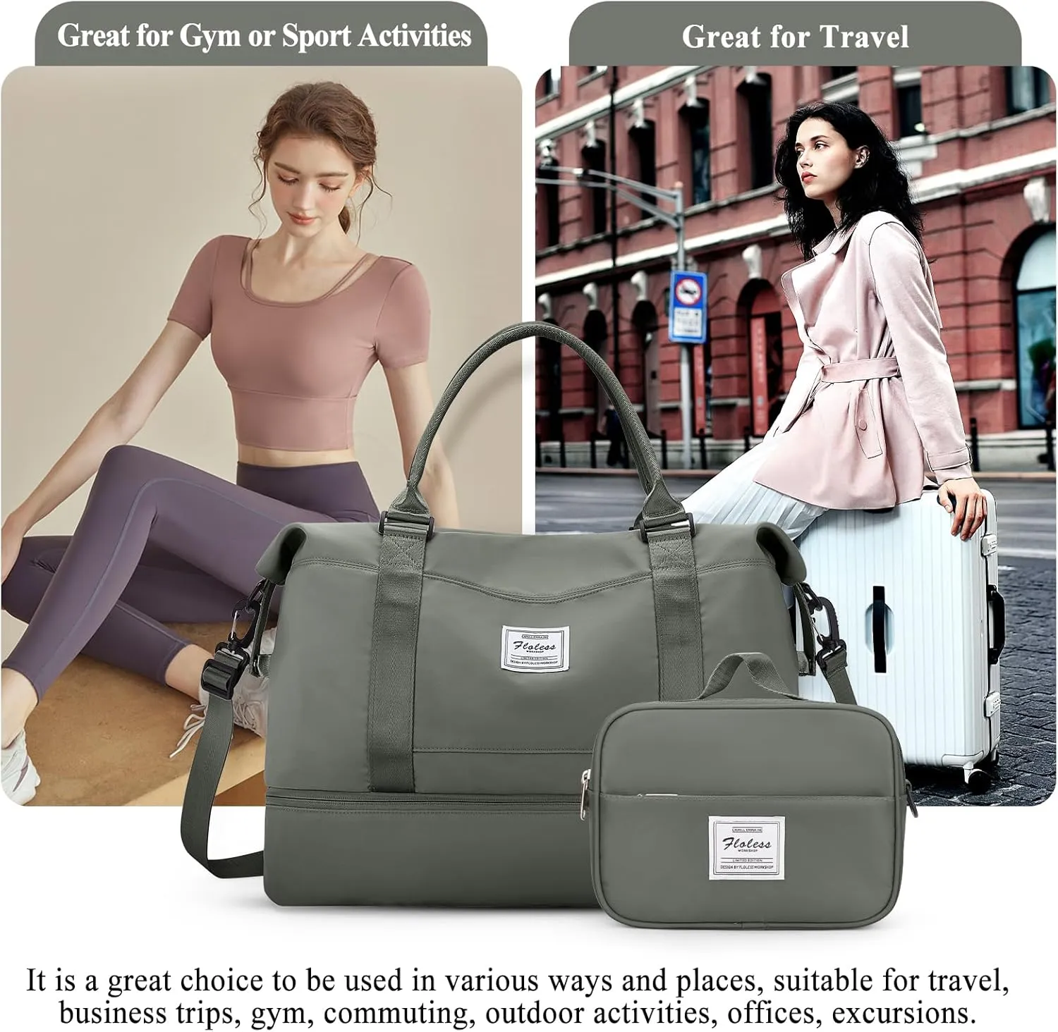 Weekender Bags for Women,Personal Item Travel Bag with Shoes Compartment,Overnight Travel Duffel Bag with Toiletry Bag, Olive Green, Large, Set(travel Bag toiletry Bag)