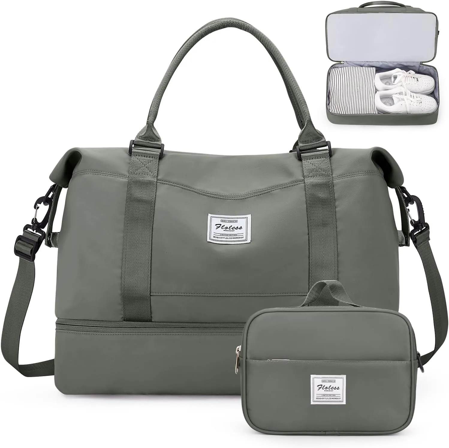 Weekender Bags for Women,Personal Item Travel Bag with Shoes Compartment,Overnight Travel Duffel Bag with Toiletry Bag, Olive Green, Large, Set(travel Bag toiletry Bag)