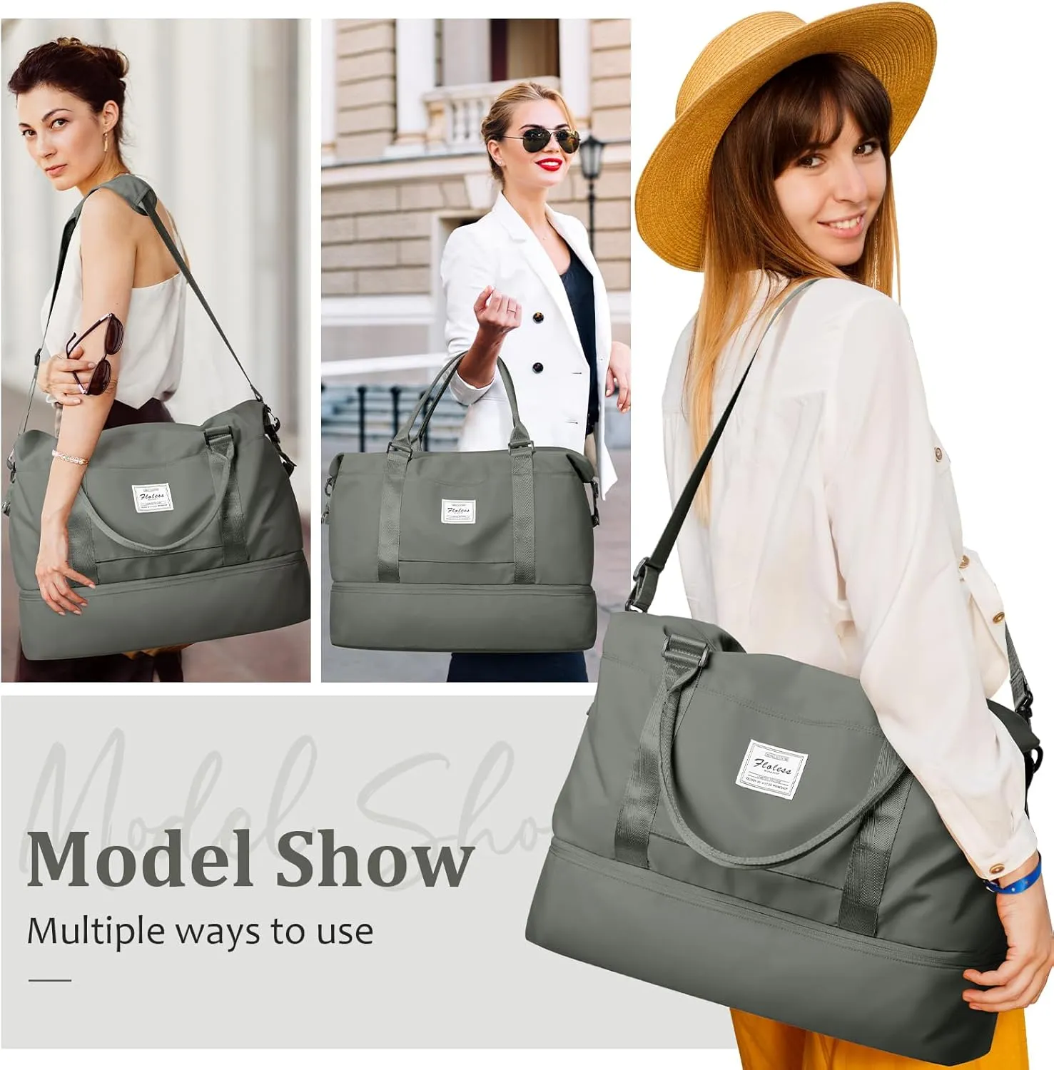 Weekender Bags for Women,Personal Item Travel Bag with Shoes Compartment,Overnight Travel Duffel Bag with Toiletry Bag, Olive Green, Large, Set(travel Bag toiletry Bag)