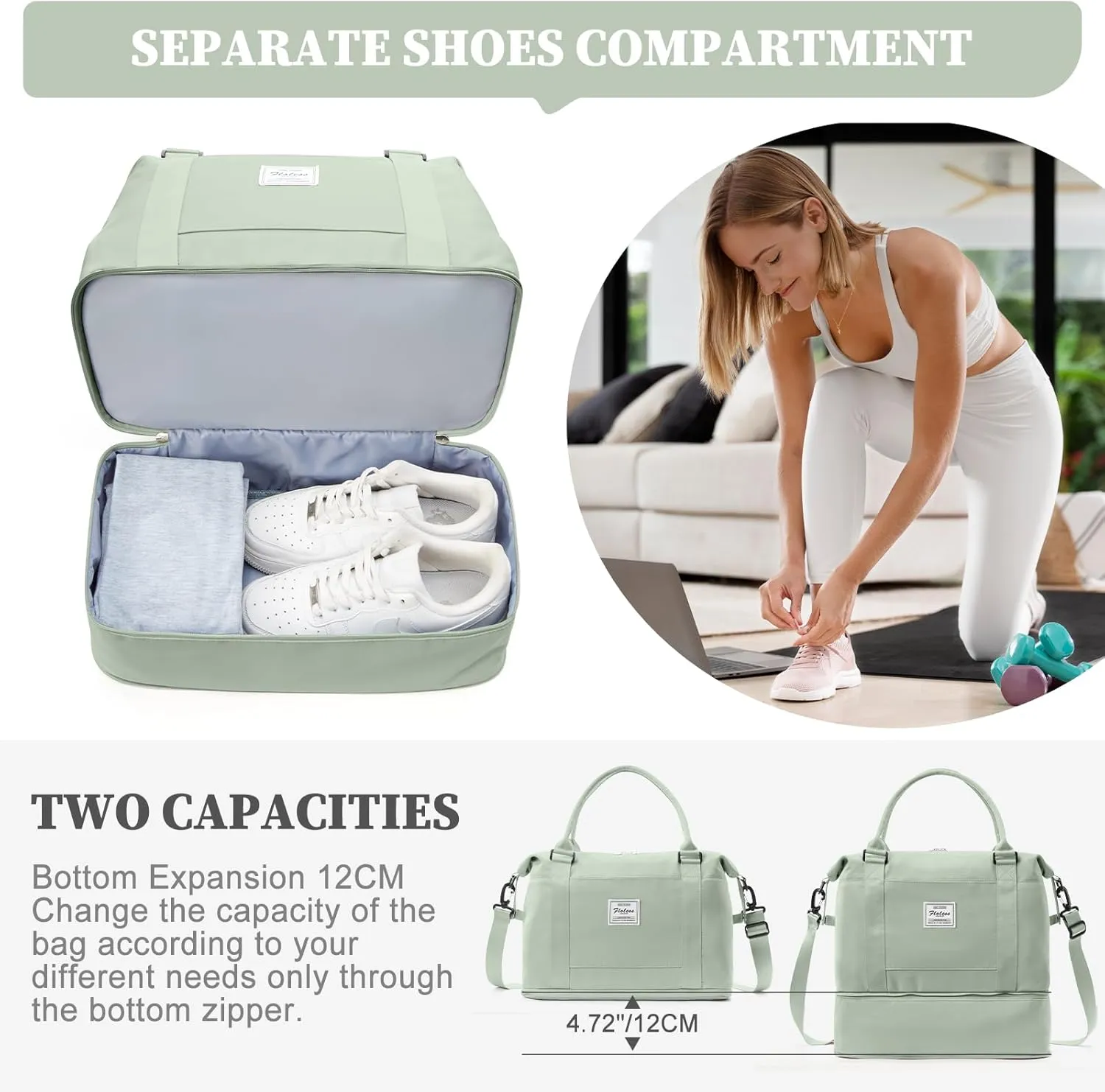 Weekender Bags for Women,Personal Item Travel Bag,Overnight Travel Duffel Bag with Expandable Shoes Compartment & Wet Pocket, B-Light Green with Toiletry Bag, Travel Bag