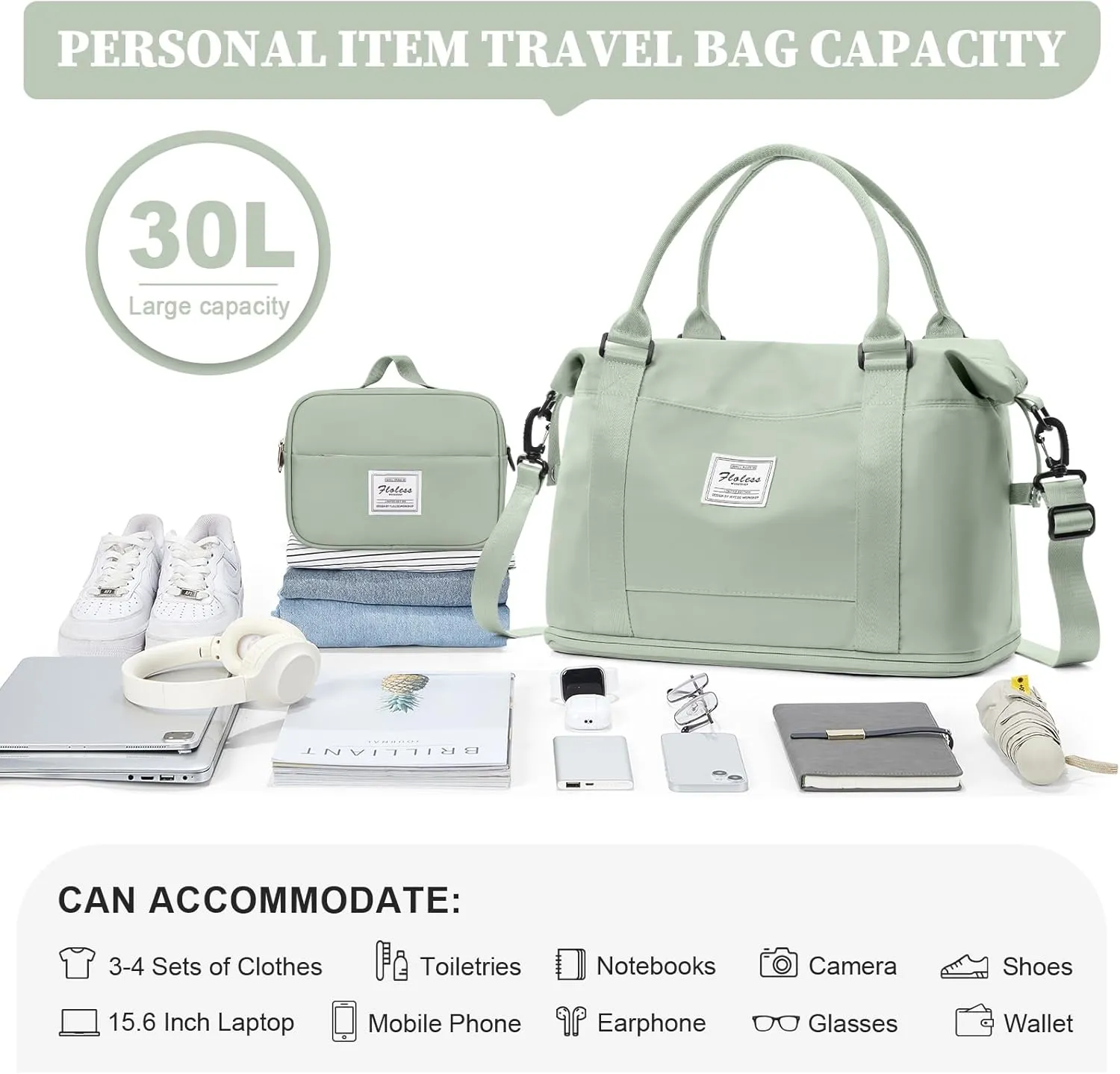 Weekender Bags for Women,Personal Item Travel Bag,Overnight Travel Duffel Bag with Expandable Shoes Compartment & Wet Pocket, B-Light Green with Toiletry Bag, Travel Bag