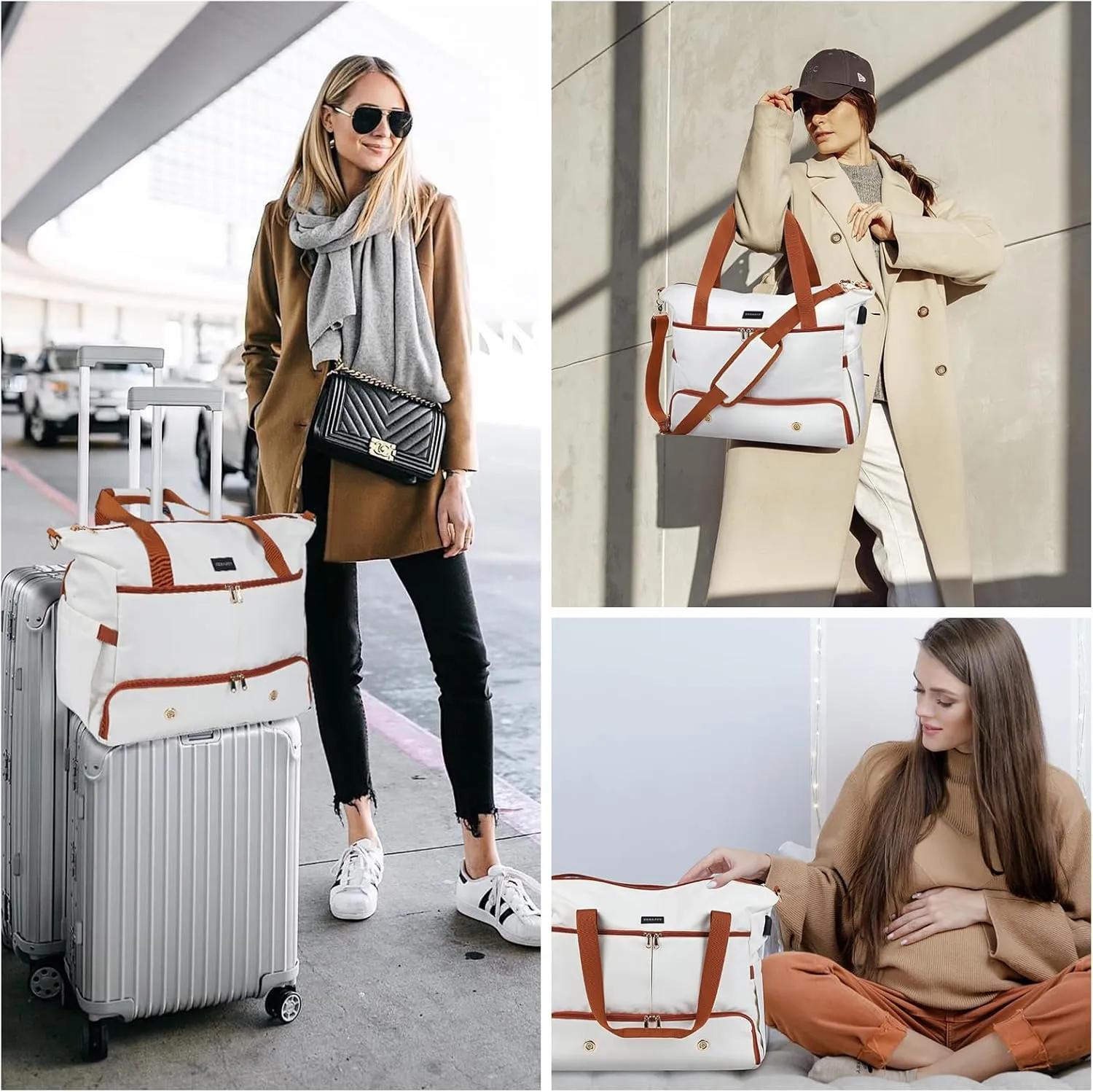 Weekender Overnight Bag for Women, Large Travel Duffle Bag with Shoe Compartment & Wet Pocket, Carry On Tote Bag Gym Duffel Bag, Beige Brown, Travel Bag