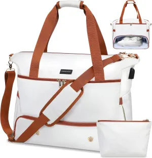 Weekender Overnight Bag for Women, Large Travel Duffle Bag with Shoe Compartment & Wet Pocket, Carry On Tote Bag Gym Duffel Bag, Beige Brown, Travel Bag