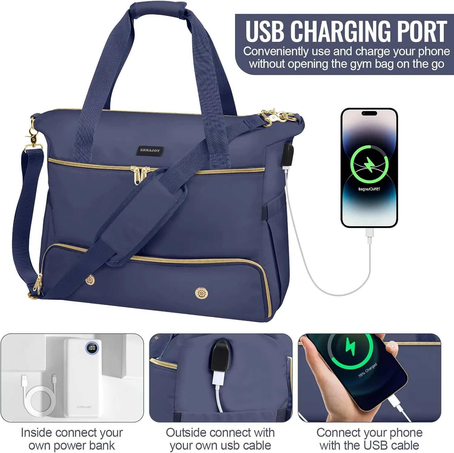 Weekender Overnight Bag for Women, Large Travel Duffle Bag with Shoe Compartment & Wet Pocket, Carry On Tote Bag Gym Duffel Bag, Dark Blue, Travel Bag
