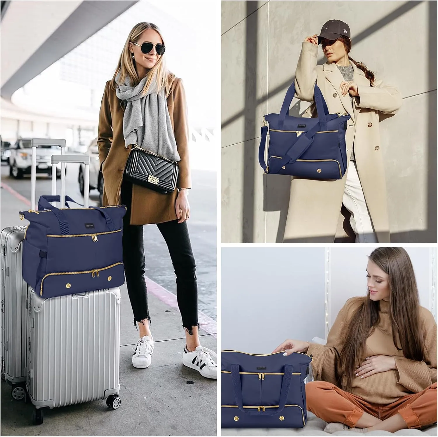 Weekender Overnight Bag for Women, Large Travel Duffle Bag with Shoe Compartment & Wet Pocket, Carry On Tote Bag Gym Duffel Bag, Dark Blue, Travel Bag