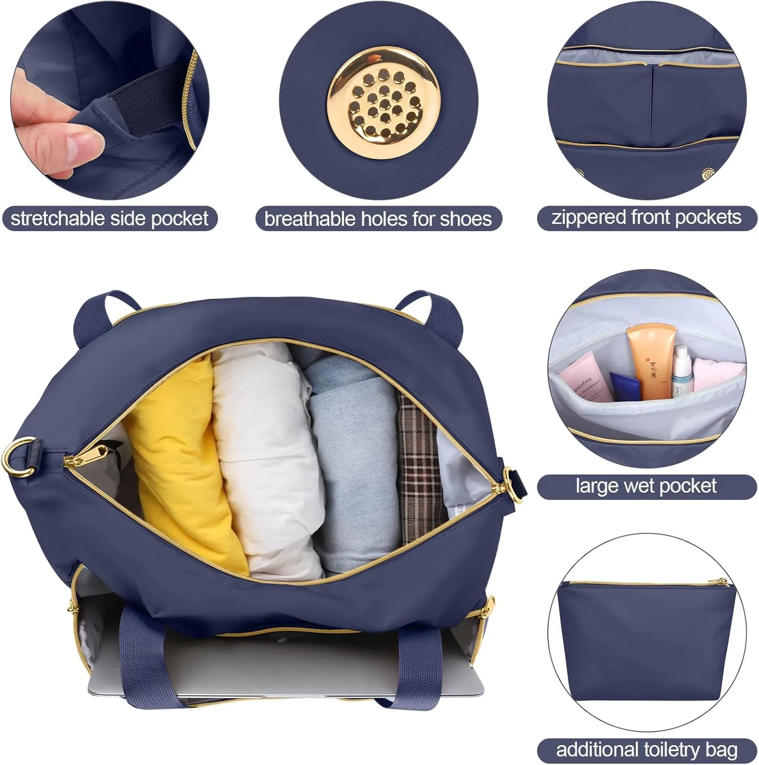 Weekender Overnight Bag for Women, Large Travel Duffle Bag with Shoe Compartment & Wet Pocket, Carry On Tote Bag Gym Duffel Bag, Dark Blue, Travel Bag