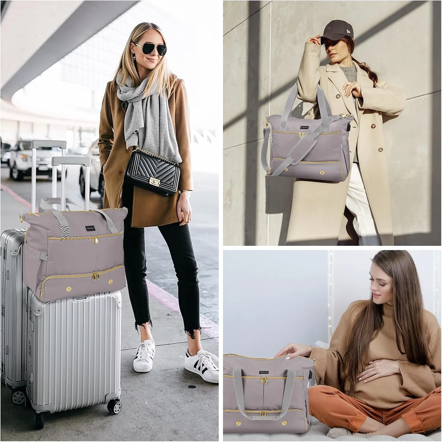 Weekender Overnight Bag for Women, Large Travel Duffle Bag with Shoe Compartment & Wet Pocket, Carry On Tote Bag Gym Duffel Bag, Grey, Travel Bag