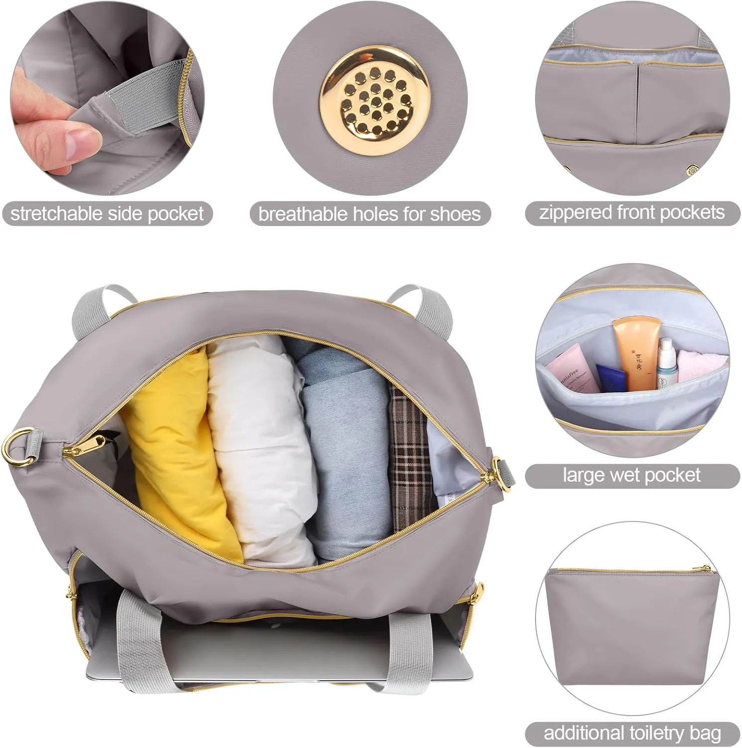 Weekender Overnight Bag for Women, Large Travel Duffle Bag with Shoe Compartment & Wet Pocket, Carry On Tote Bag Gym Duffel Bag, Grey, Travel Bag