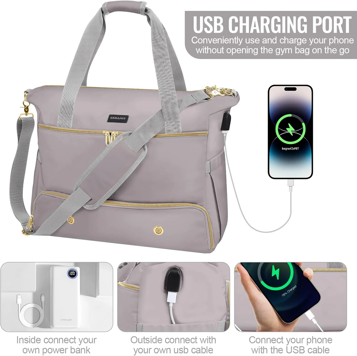 Weekender Overnight Bag for Women, Large Travel Duffle Bag with Shoe Compartment & Wet Pocket, Carry On Tote Bag Gym Duffel Bag, Grey, Travel Bag