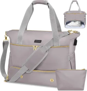 Weekender Overnight Bag for Women, Large Travel Duffle Bag with Shoe Compartment & Wet Pocket, Carry On Tote Bag Gym Duffel Bag, Grey, Travel Bag