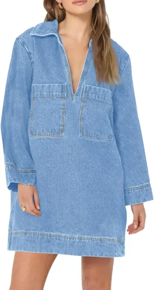 Wenrine Womens Denim Shirt Dress Long Sleeve V Neck Loose Casual Jean Mini Dress with Pockets