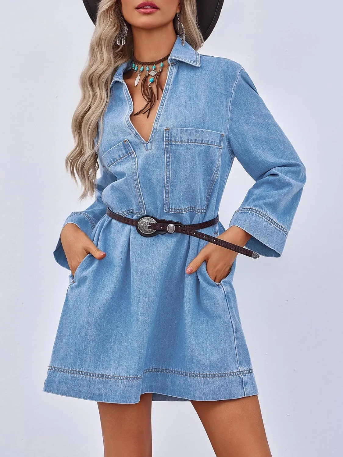Wenrine Womens Denim Shirt Dress Long Sleeve V Neck Loose Casual Jean Mini Dress with Pockets