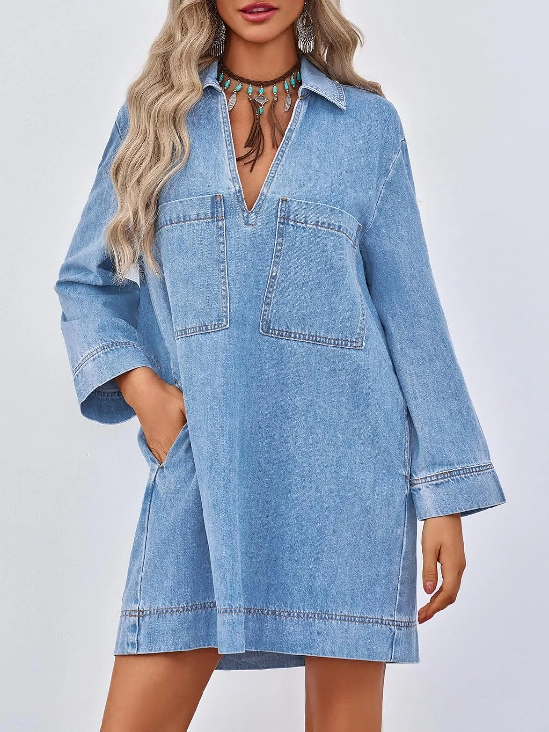 Wenrine Womens Denim Shirt Dress Long Sleeve V Neck Loose Casual Jean Mini Dress with Pockets