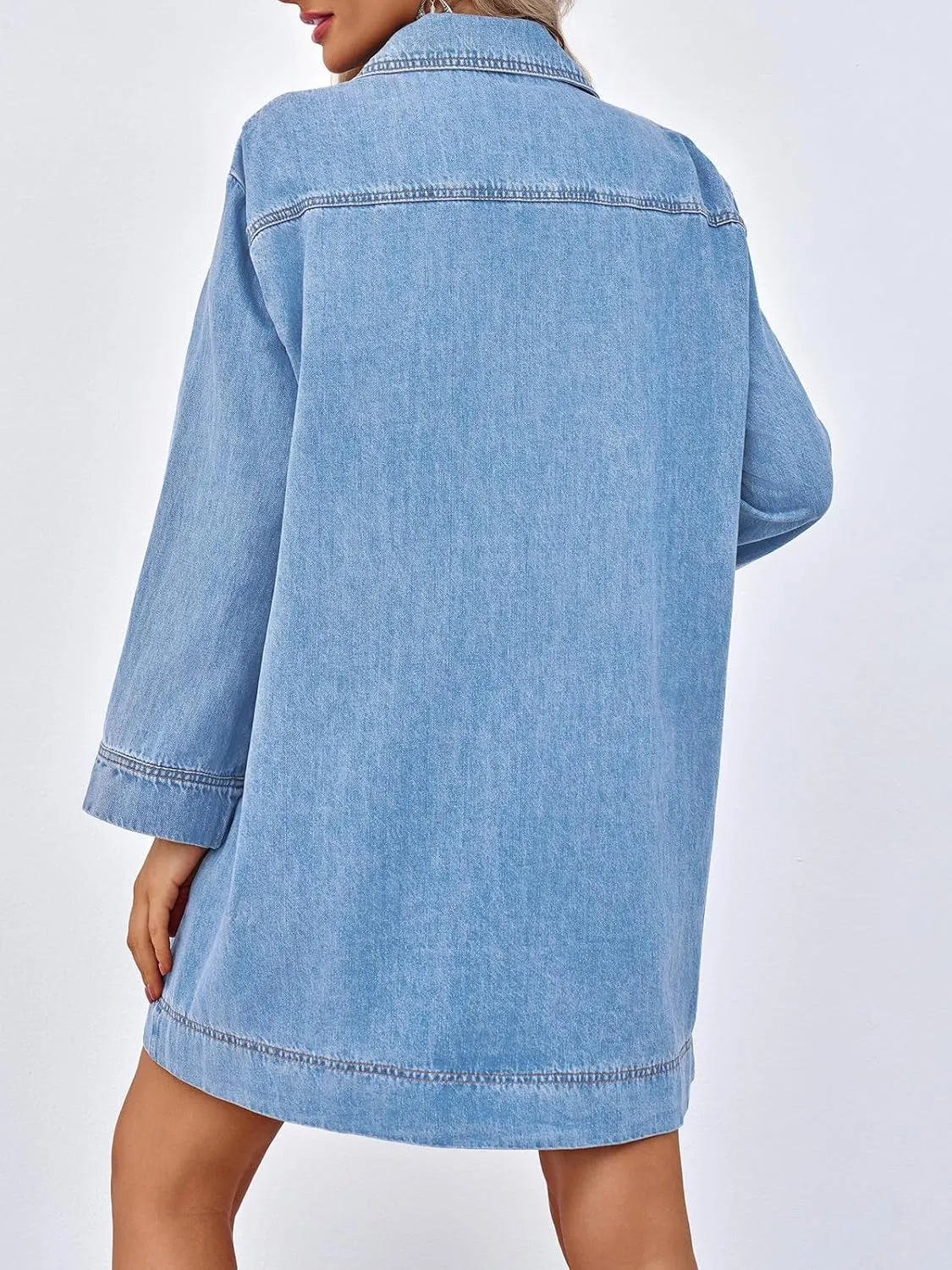 Wenrine Womens Denim Shirt Dress Long Sleeve V Neck Loose Casual Jean Mini Dress with Pockets