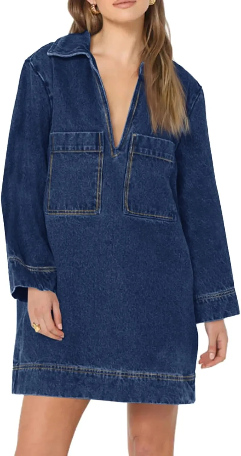 Wenrine Womens Denim Shirt Dress Long Sleeve V Neck Loose Casual Jean Mini Dress with Pockets